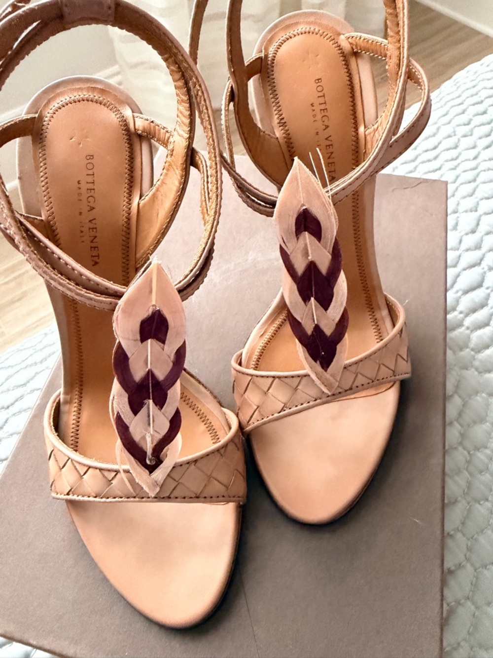 Bottega Veneta Tan and Burgundy Braided T-Strap Heels - Picture 7 of 7